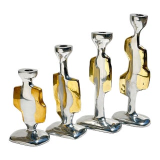 1970s David Marshall Modernist/Brutalist Brass & Aluminum Candlesticks-Set of Four For Sale
