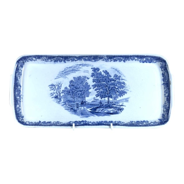 Antique English Blue & White Transferware Handled Serving Tray For Sale