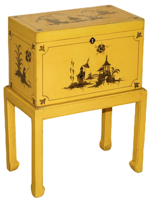 Japanned Yellow Oriental Side Chest on Stand Hand Painted & Lacquered, 1920s