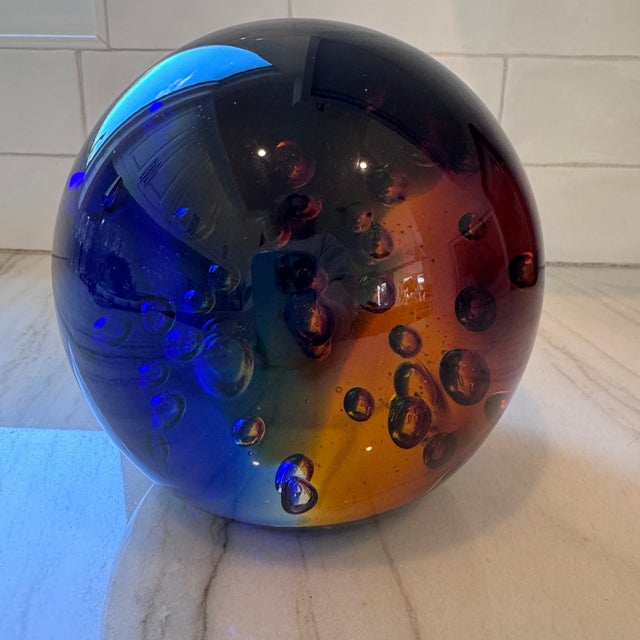 Mid-Century Modern Large 10 Lbs. Studio Art Glass Sphere Controlled Bubble Orb Murano Style Decor Rainbow Paper Weight For Sale - Image 3 of 13