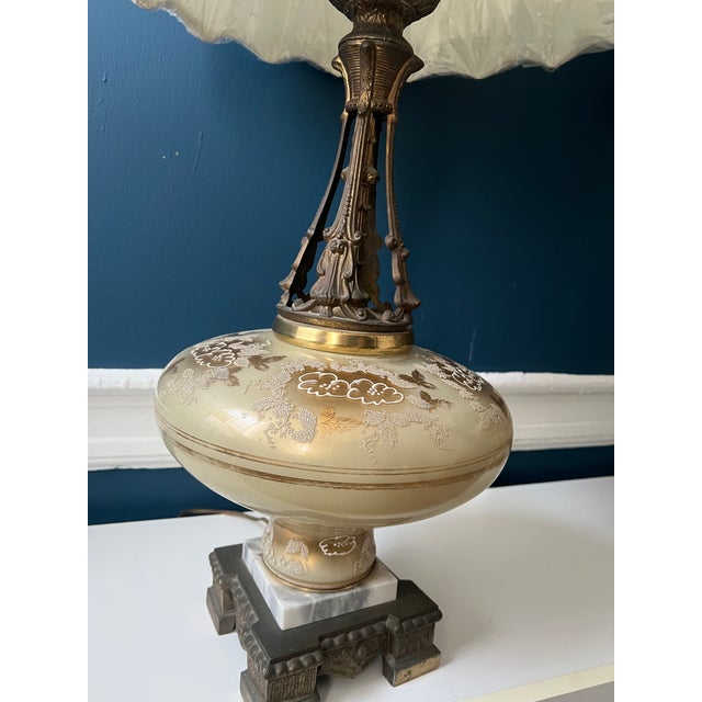 Monumental Hollywood Regency Marble, Hand-Painted Glass & Bronze Table Lamps — 40.75” - a Pair For Sale - Image 11 of 18