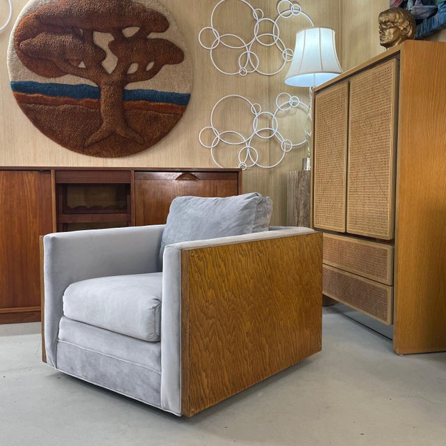 Light Gray Restored 1970s Milo Baughman Style Gray Cube Chair With Wood Sides For Sale - Image 8 of 11