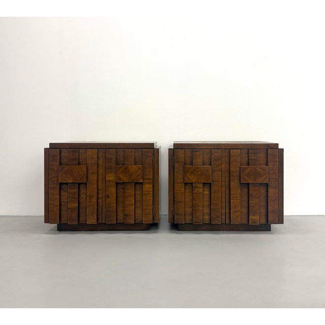 A striking pair of vintage Lane Staccato nightstands showcasing the bold geometric forms that define American Brutalist...