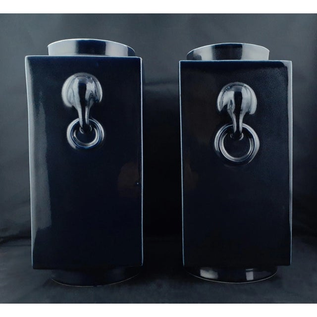 Blue Republic of China Period Matched Pair of Chinese Porcelain, Midnight Blue, Cong Vases For Sale - Image 8 of 8