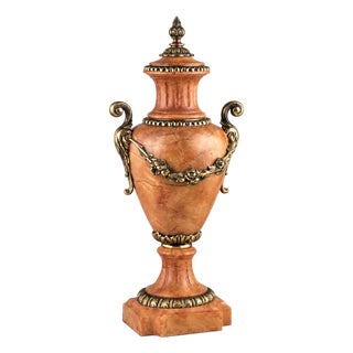 European Brandy Alabaster Urn With Antique Bronze Garlands For Sale
