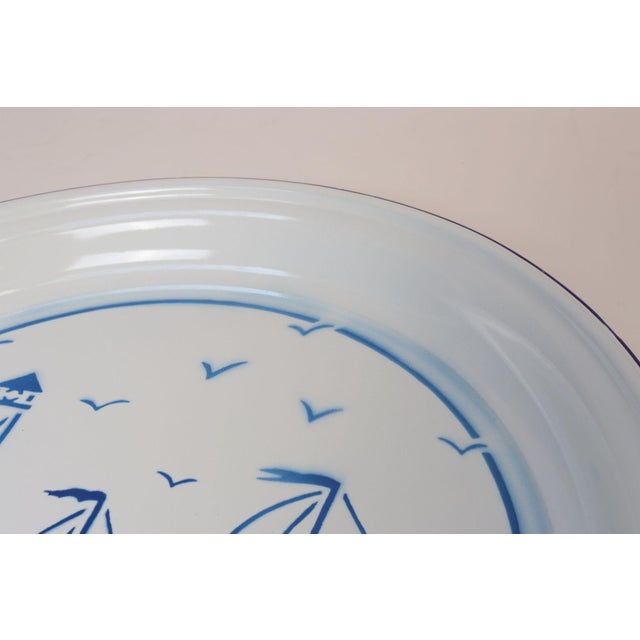 Blue Large Vintage Blue and White Enamelware Platter / Tray With Sailboat and Lighthouse Motif For Sale - Image 8 of 11