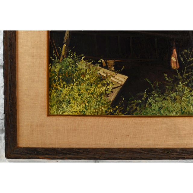 Textile Mid 20th Century Oil Canvas Landscape Barn Painting Signed For Sale - Image 7 of 12