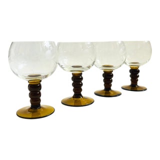 Etched German Roemer Coupe Wine Glasses With Amber Ball Stems - Set of 4 For Sale