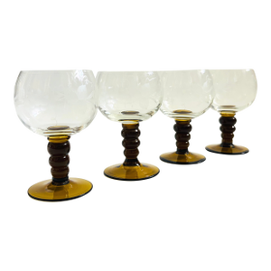 Etched German Roemer Coupe Wine Glasses With Amber Ball Stems - Set of 4