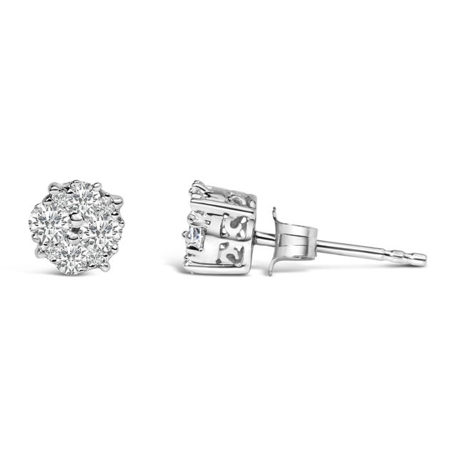 Contemporary .925 Sterling Silver 1/2 cttw Prong Set Round-Cut Diamond Cluster Stud Earring (I-J Color, I2-I3 Clarity) For Sale - Image 3 of 6