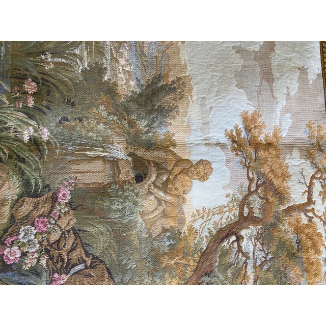Mid 20th Century French Gobelins Pastoral Tapestry Wall Hanging With Solid Wood Hardware For Sale - Image 12 of 16