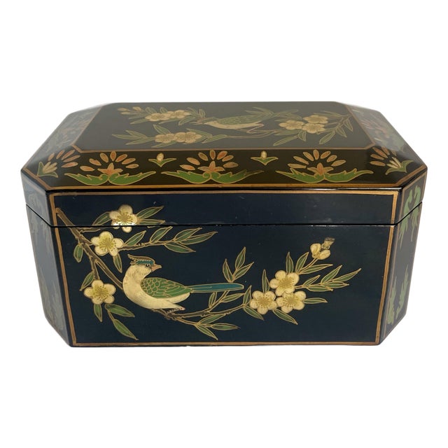 Vintage Chinoiserie Faceted Black Lacquer Bird and Blossom Jewel Box For Sale