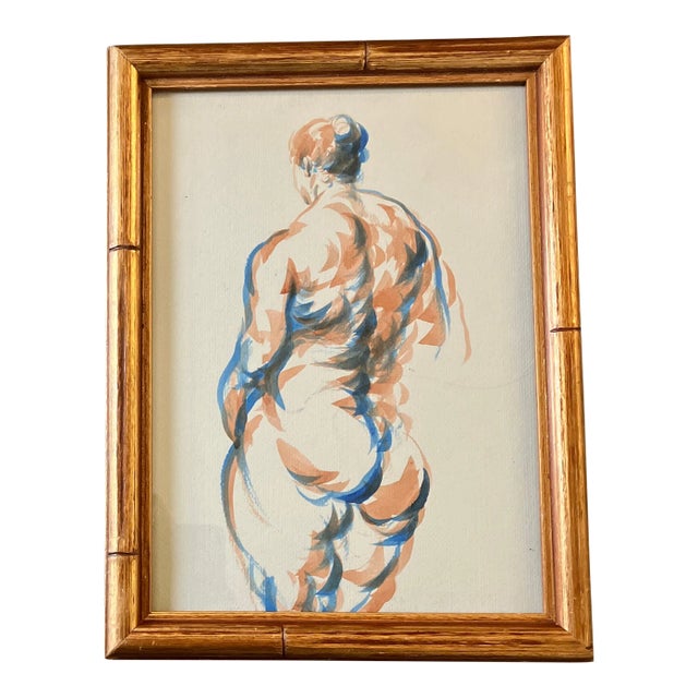 1970’s Original Female Nude Watercolor Painting Vintage Faux Bamboo Frame For Sale