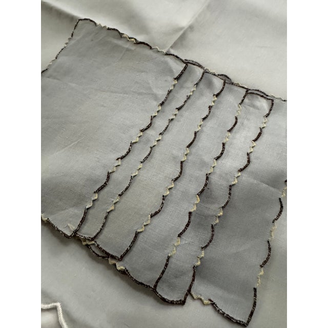 1970s Heather Blue 3' Square Tablecloth With Scalloped Edges Plus 8 Napkins and 6 Rectangles - 15pcs For Sale - Image 4 of 4