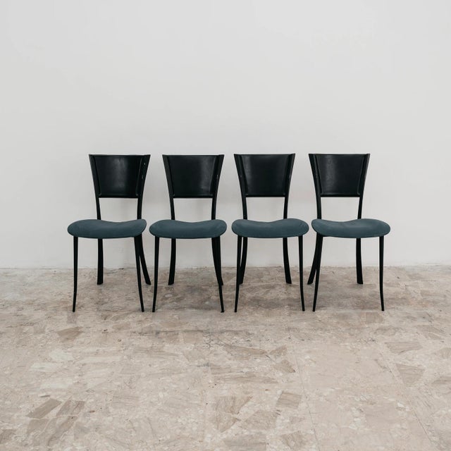 Vintage Chairs in Black Metal with Leather and Aqua Green Fabric, 1980s, Set of 4 For Sale - Image 11 of 13