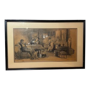Antique orig.l Egbert Norman Clark Charcoal Pencil Gouache Family Drawing Sketch