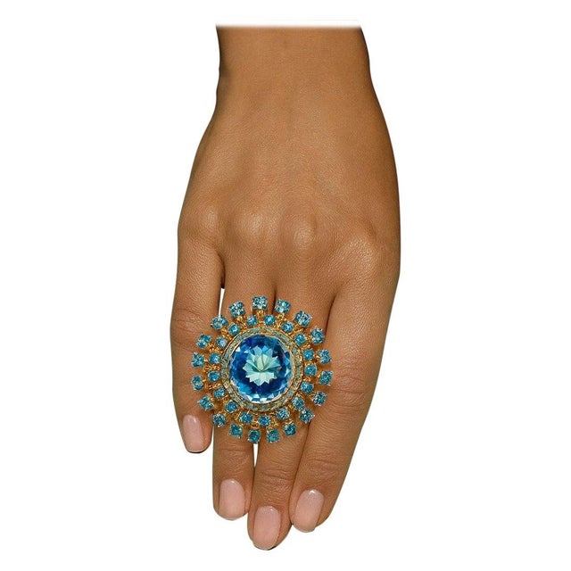 Bochic "Orient" Vintage Diamond & Multi Blue Topaz Ring Set In 18K Gold & Silver Natural Large Round Blue Topaz 12 Carat...