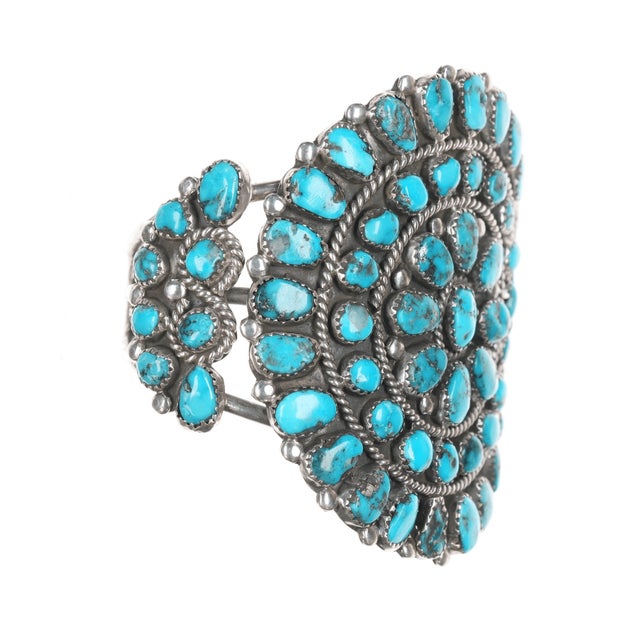 Late 20th Century 6.5" 60's-70's large Native American Sterling turquoise cluster cuff bracelet For Sale - Image 5 of 11