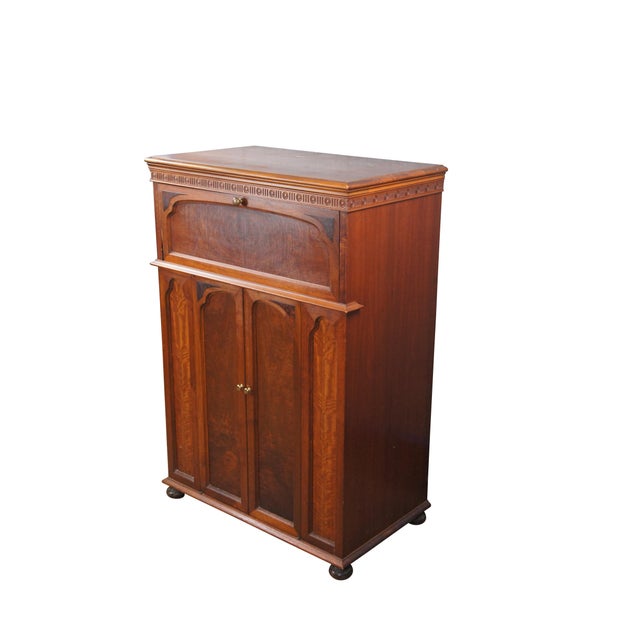 Traditional Antique Walnut Burl Drop Front Record Player Cabinet Console Stand 47" For Sale - Image 3 of 13
