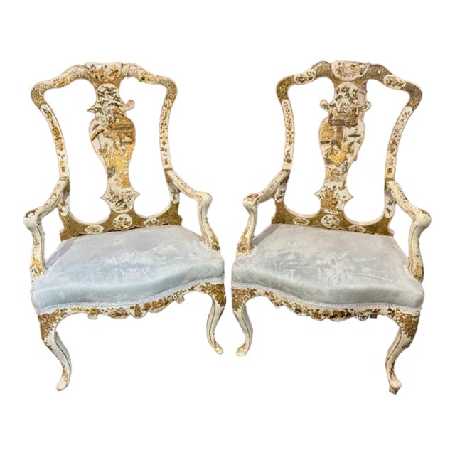 19th Century English Creme Colored Lacquered Chinoiserie Armchairs For Sale