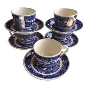 Vintage Willow Ware by Royal China "Blue Willow" Pattern Cups and Saucers Set- 10 Pieces
