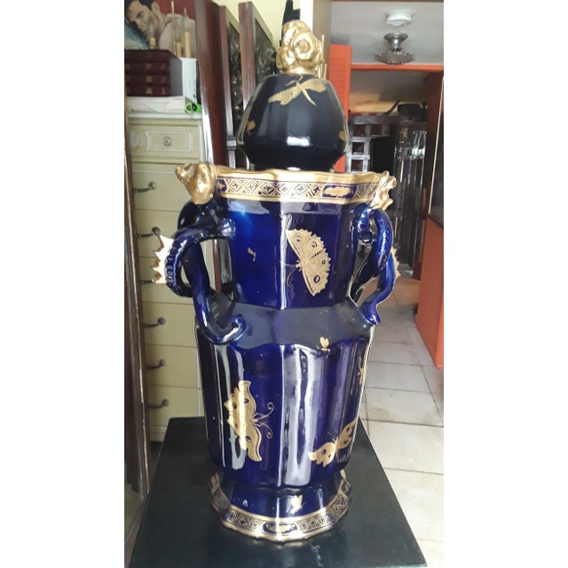 Blue 19thc French Antique Art Nouveau XL Cobalt Blue With Gilt Floral/ Insect Palace Covered Porcelain Urn For Sale - Image 8 of 10