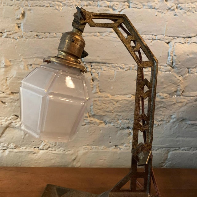 Metal 1920s Arts & Crafts Cast Iron Table Lamp with Frosted Glass Shade For Sale - Image 7 of 10