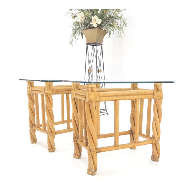 Mid-Century Modern Pair Decorative Twisted Rattan Rectangle End Side Tables Stand Rounded Glass Top For Sale - Image 3 of 12