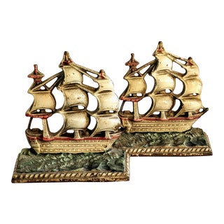 Vintage Cast Iron Ship Painted Bookends-A Pair For Sale