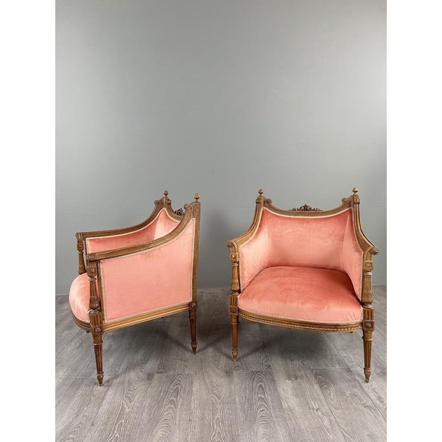 20th Century Louis XVI Bergère Armchairs in Carved Wood and Velvet, Set of 2 For Sale - Image 5 of 13