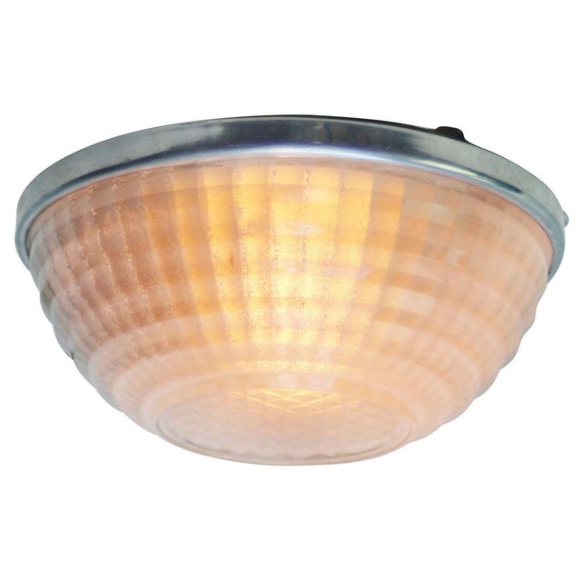 French flush mount / scone by holophane ca 1950 alu back with white frosted striped glass. e26 / e27 this piece has an...