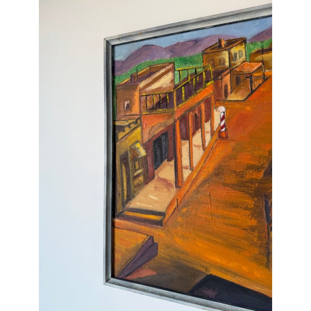 1970s Vintage Southwestern Townscape Oil on Canvas Painting, Framed For Sale - Image 11 of 12
