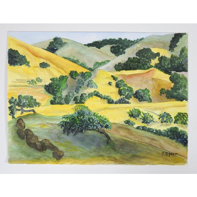 Rustic European Late 20th Century Yellow and Green Rolling Hills Watercolor Landscape Painting For Sale - Image 3 of 3