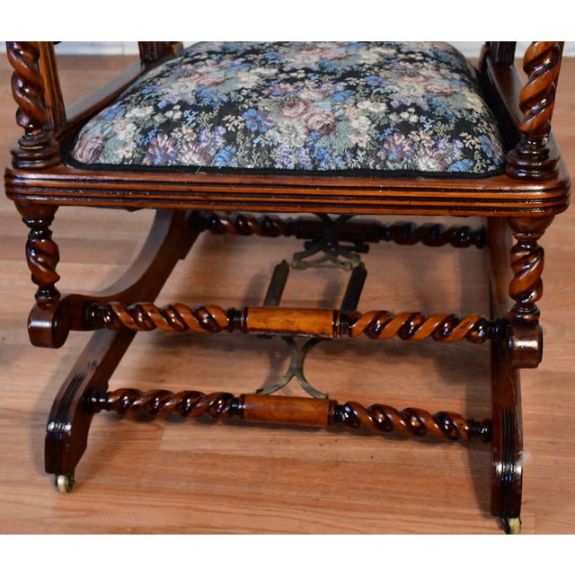 Victorian 1870 Antique George Hunzinger Barley Twist Mahogany Rocking Chair New Upholstery For Sale - Image 3 of 13
