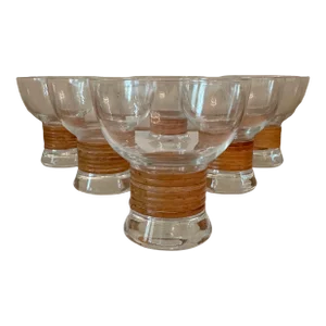 Vintage Carl Aubock Style Modernist Whiskey / Bourbon Glasses Rattan Wrapped Stems - Set of 6