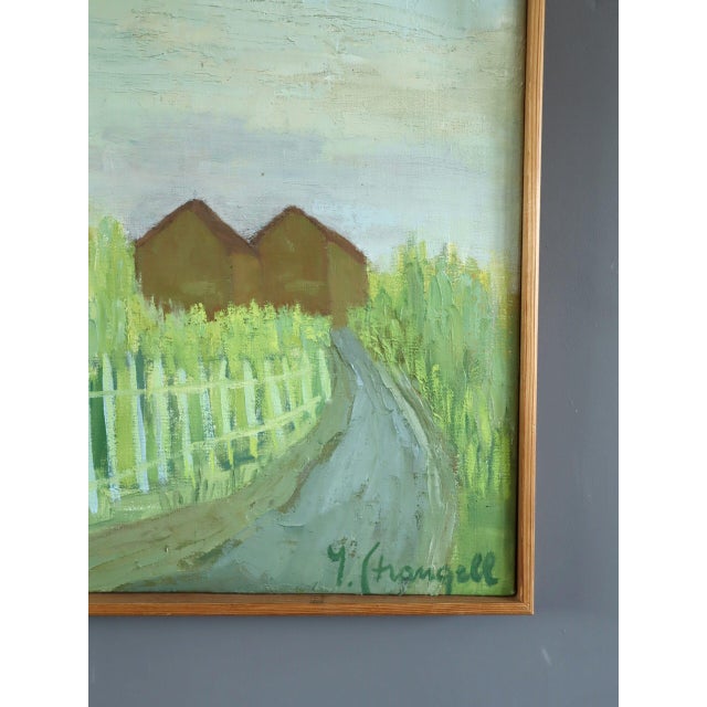 Textile Mid-Century Modern 'Waiting at the Door' Swedish Expressive Street Scene Landscape Oil Painting, Framed For Sale - Image 7 of 11