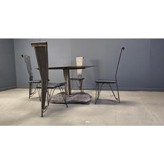 Hand Crafted Steel and Stone Dining Set with Glass, 1970s, Set of 5 For Sale - Image 13 of 18