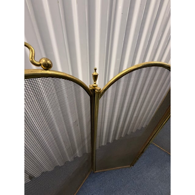 Antique Brass Folding Fireplace Screen – Four‑Panel Arched Mesh Guard With Handles For Sale - Image 4 of 6