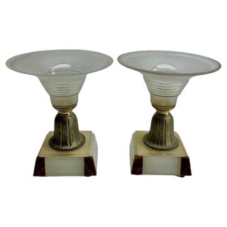 Art Deco Pedestal Bowls with Stylized Bronze on Onyx Plinth, 1935, Set of 2 For Sale