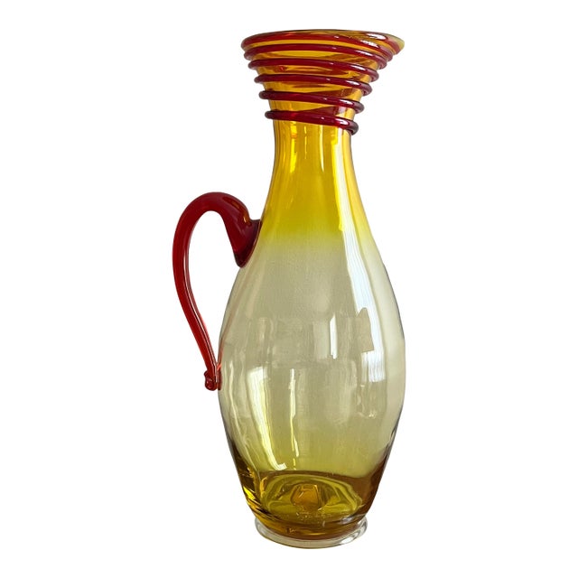 Vintage Applied Red Coil Lemon Yellow 17.5” Vase Pitcher by Joel Philip Myers for Blenko 1968 For Sale