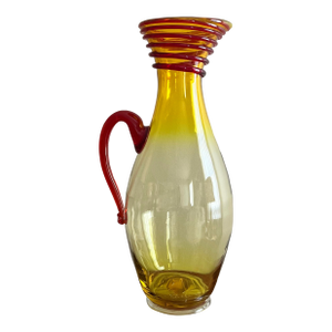 Vintage Applied Red Coil Lemon Yellow 17.5” Vase Pitcher by Joel Philip Myers for Blenko 1968