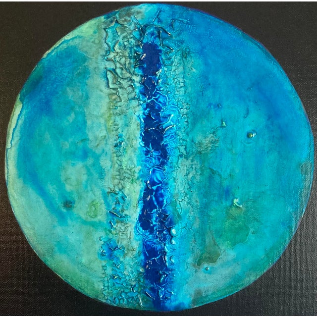 Abstract Original Abstract Blue and Green Moon Painting For Sale - Image 3 of 3