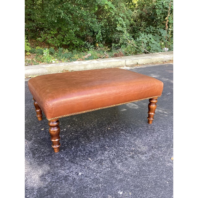 Late 20th Century Late 20th Century Cognac Leather Rectangular Ottoman With Turned Wood Legs & Nailhead Trim For Sale - Image 5 of 6