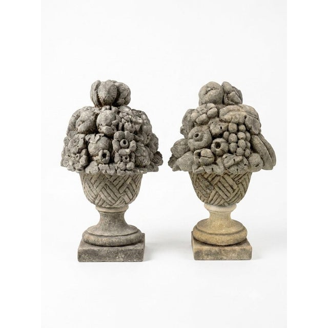 Mediterranean Pair of Vintage Cast Stone Fruit Basket Garden Finials & Architectural Urns For Sale - Image 3 of 12