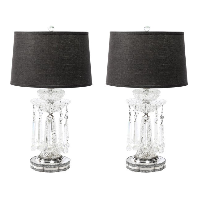 Pair of Art Deco Czech U S Zone Cut Crystal and Silver Plated Table Lamps For Sale