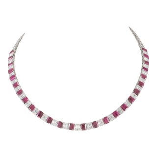 14.8ct Octagon Ruby & 2.46ct Diamond Statement Tennis Necklace in 18k White Gold For Sale
