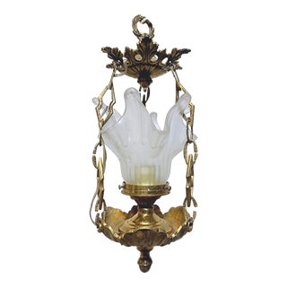 Vintage Brass Lantern With Frosted Lily Shaped Glass Shade For Sale