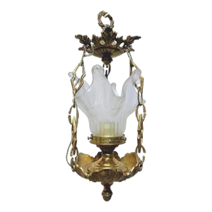 Vintage Brass Lantern With Frosted Lily Shaped Glass Shade