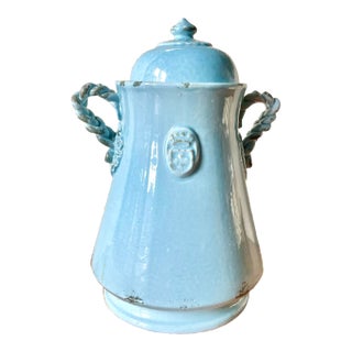 Vintage, Italian Blue Distressed Urn With Lid For Sale