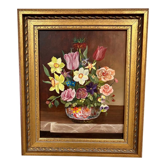 Mid-Century, Oil on Board Floral Still Life on Tabletop - Artist Signed For Sale